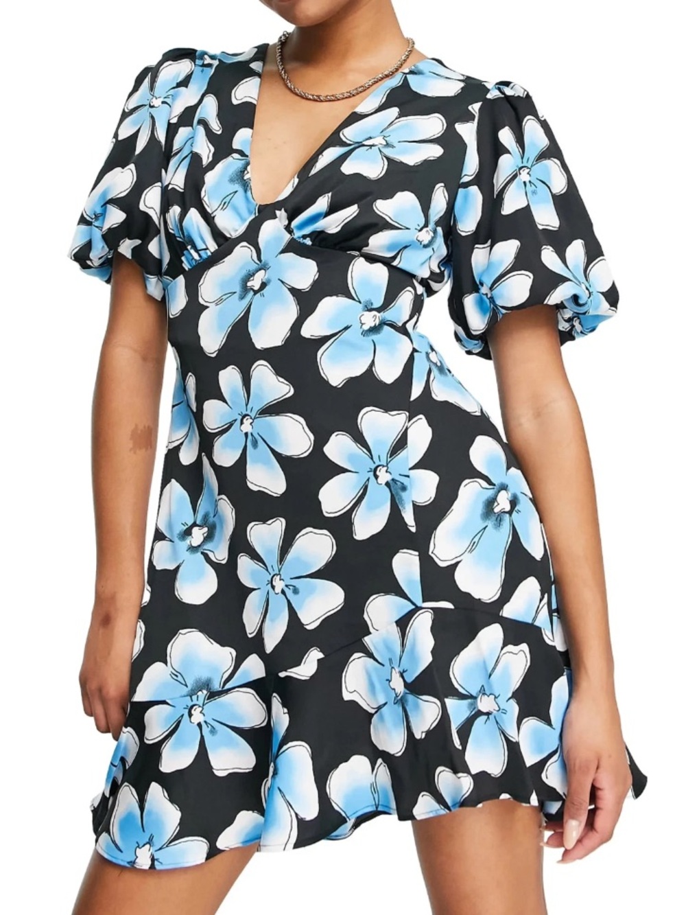 Topshop Petite Black and Blue Satin Puff Sleeve Dress NWOTS